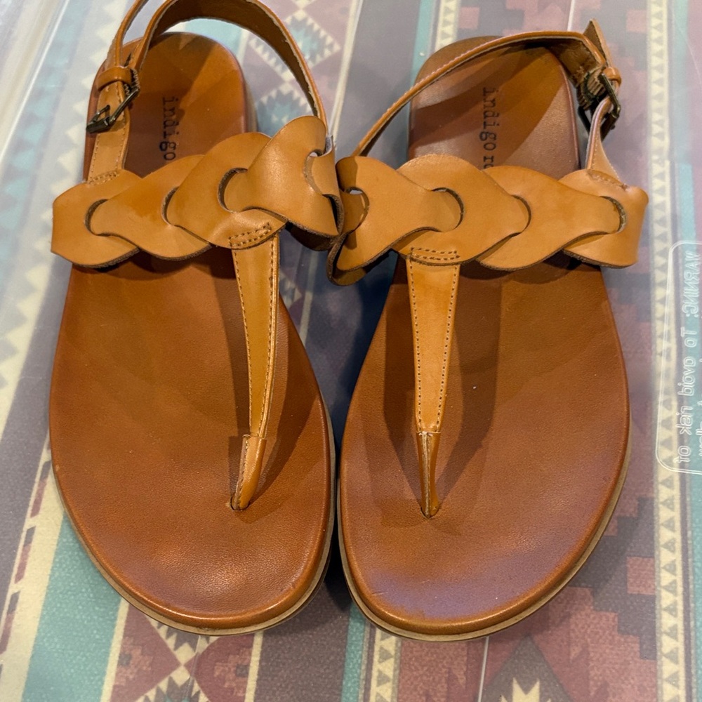 Indigo Tan Braided T‑Strap Leather Sandals